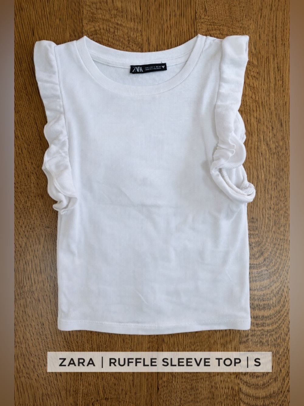 ZARA White Ribbed Ruffle Sleeve Top Fitted Stretch Tee Size S